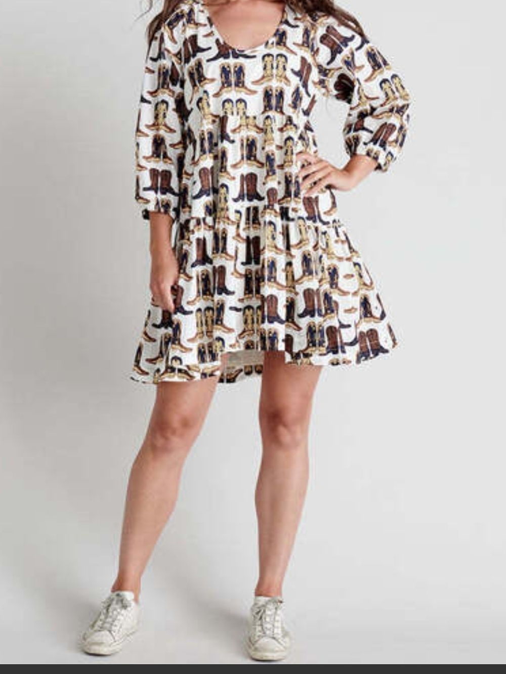 Pink Chicken White Mini Dress with Multicolor Cowboy Boot Print